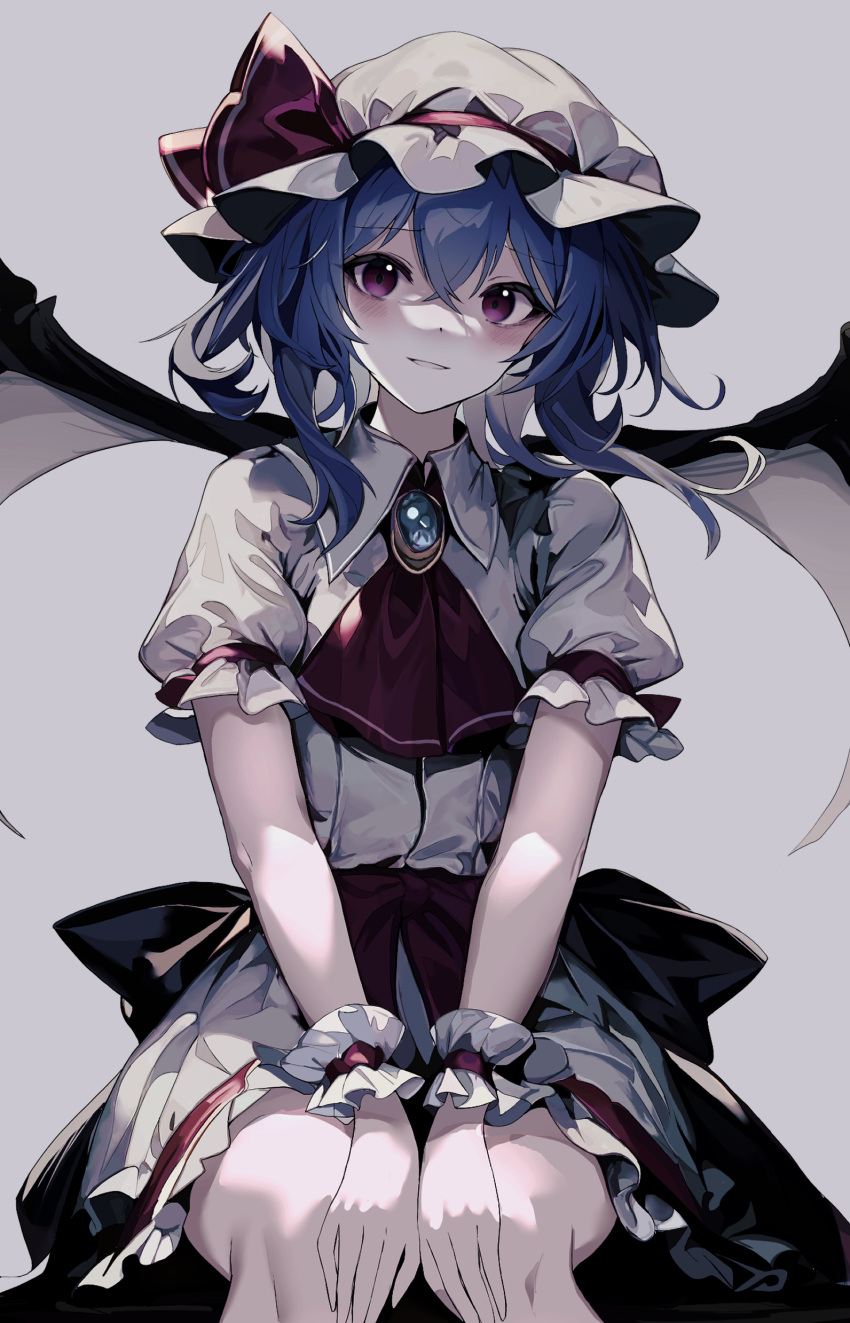 1girl absurdres ascot bat_wings blue_hair blush brooch dress feet_out_of_frame grey_background hair_between_eyes hat hat_ribbon highres jewelry krs_(kqrqsi) mob_cap open_mouth red_ascot red_ribbon remilia_scarlet ribbon short_hair short_sleeves simple_background solo touhou violet_eyes white_dress white_headwear wings wrist_cuffs
