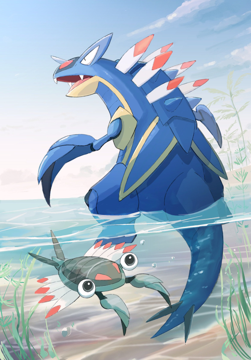air_bubble anorith armaldo black_eyes blue_sky bubble caustics clouds commentary day evolutionary_line highres in_water momota_pix no_humans open_mouth outdoors partially_submerged plant pokemon pokemon_(creature) seaweed sharp_teeth sky spikes submerged swimming teeth tongue tree water