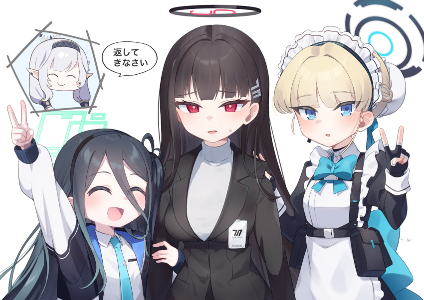 4girls apron aris_(blue_archive) arm_up artist_name black_gloves black_hair black_hairband black_jacket blonde_hair blue_archive blue_bow blue_eyes blue_necktie blunt_bangs bow breasts closed_eyes collared_shirt commentary_request fingerless_gloves gloves hair_between_eyes hairband halo hand_up himari_(blue_archive) jacket kokone_(coconeeeco) long_hair long_sleeves low_twintails maid maid_apron maid_headdress medium_breasts multiple_girls necktie open_clothes open_jacket open_mouth parted_lips pointy_ears puffy_long_sleeves puffy_sleeves red_eyes rio_(blue_archive) shirt short_hair simple_background sleeve_cuffs small_breasts suit_jacket sweater toki_(blue_archive) translation_request twintails v white_background white_hair white_shirt white_sweater