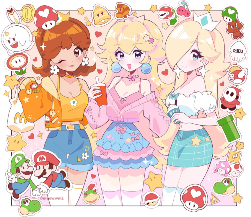 1-up_mushroom 3girls artist_name blonde_hair blopper blue_eyes boo_(mario) bowser_jr. character_sticker cheep_cheep coin crop_top crown double_cherry earrings fire_flower flower flower_earrings gold_coin goomba hair_ornament hair_over_one_eye highres jacket jewelry long_hair looking_at_viewer luigi mario mcdonald's medium_hair meowwniz multiple_girls one_eye_closed open_clothes open_jacket open_mouth piranha_plant princess_daisy princess_peach red_shell_(mario) rosalina shorts shy_guy sleeveless star_(sky) star_(symbol) star_earrings sticker super_bell super_leaf super_mario_bros. super_mario_galaxy super_mushroom the_legend_of_zelda toad_(mario) toadette triforce upper_body warp_pipe yoshi