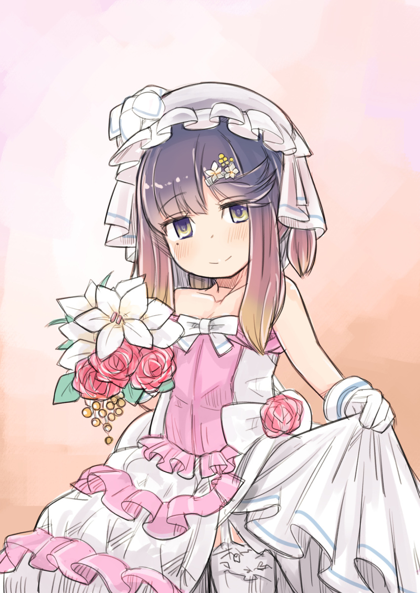 alternate_costume bouquet commentary_request cowboy_shot dress enjaku_izuku frilled_dress frills gloves gradient_background gradient_hair hat highres kantai_collection mob_cap multicolored_hair off-shoulder_dress off_shoulder orange_background orange_hair purple_hair short_hair_with_long_locks skirt_hold smile tsushima_(kancolle) wedding_dress white_dress white_gloves white_headwear