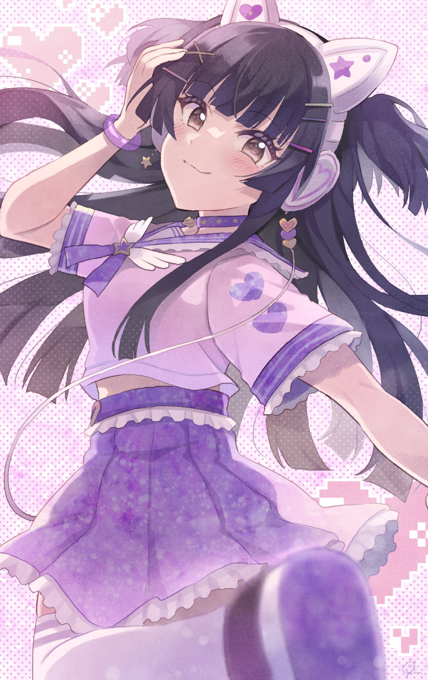 1girl absurdres animal_ears bell black_hair blunt_bangs blurry blurry_foreground blush bracelet brown_eyes cat_ears choker closed_mouth earrings fake_animal_ears frilled_shirt frills gum_(vivid_garden) hair_ornament hairpin hand_on_own_head headphones heart heart_print highres idolmaster idolmaster_shiny_colors jewelry long_hair looking_at_viewer looking_back mayuzumi_fuyuko midriff_peek neck_bell neck_ribbon pleated_skirt polka_dot polka_dot_background purple_background purple_choker purple_skirt ribbon sailor_collar shirt short_sleeves skirt smile standing standing_on_one_leg star_(symbol) star_earrings thigh-highs two_side_up white_shirt white_thighhighs zettai_ryouiki