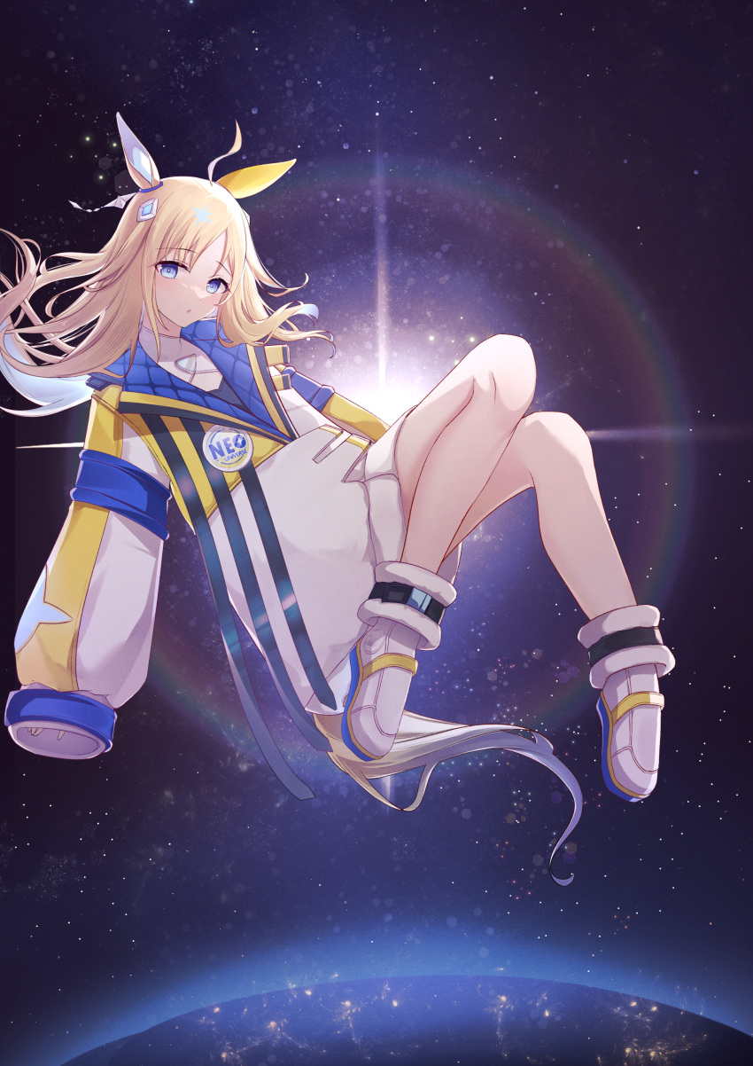 1girl absurdres ahoge animal_ears blonde_hair blue_eyes boots breasts character_name elanore full_body hair_ornament highres horse_ears horse_girl horse_tail jacket lens_flare long_hair long_sleeves looking_at_viewer multicolored_hair neo_universe_(umamusume) open_mouth planet small_breasts space sun tail two-tone_hair umamusume