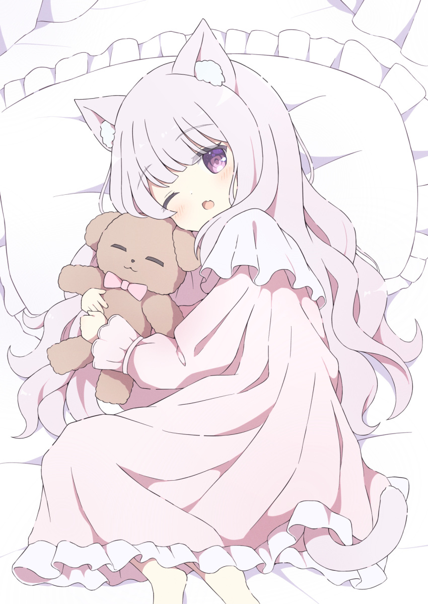 1girl animal_ears cat_ears cat_girl cat_tail doll_hug frills highres long_hair long_sleeves looking_at_viewer lying nightgown object_hug on_side one_eye_closed open_mouth original pillow pink_hair pink_nightgown stuffed_animal stuffed_toy tail teddy_bear tyakomes violet_eyes