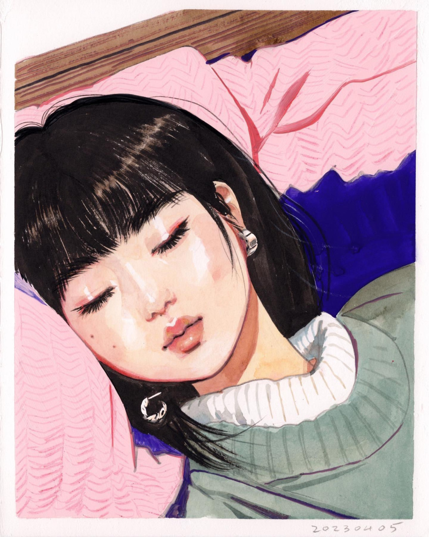 1girl black_hair closed_eyes commentary dated earrings english_commentary eyelashes gouache_(medium) green_sweater highres jewelry little_thunder long_bangs makeup medium_hair mole mole_on_cheek original painting_(medium) pillow pink_lips portrait sleeping solo sweater traditional_media watercolor_(medium)
