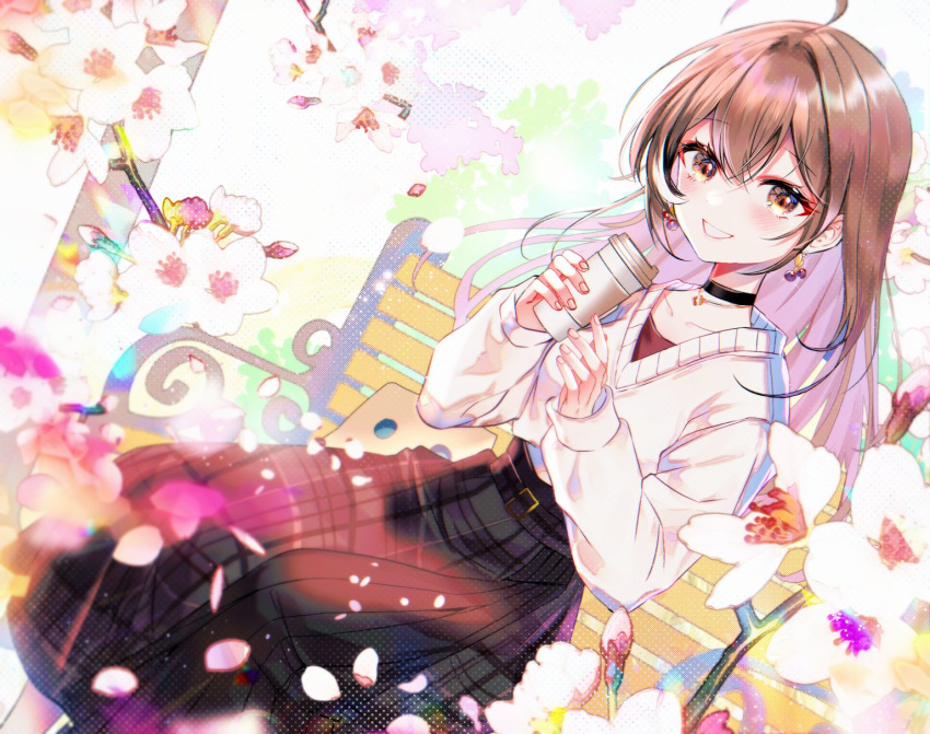 1girl ahoge bench berry black_choker brown_eyes brown_hair brown_skirt cherry_blossoms choker coffee_cup cup disposable_cup earrings falling_petals fingernails flower friend_(nanashi_mumei) grin highres holding holding_cup hololive hololive_english jewelry long_hair long_skirt looking_at_viewer multicolored_hair nanashi_mumei necklace official_alternate_costume on_bench park_bench petals plaid plaid_skirt red_shirt runes shirt sitting sitting_on_bench skirt smile sowon streaked_hair sweater virtual_youtuber white_sweater