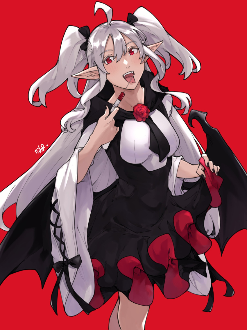 1girl absurdres ahoge ascot bat_wings black_ascot black_dress black_ribbon black_wings breasts commentary dress english_commentary fangs flower hair_between_eyes hair_ribbon head_tilt highres holding holding_syringe long_hair looking_at_viewer medium_breasts open_mouth original pointy_ears red_background red_eyes red_flower red_rose ribbon rose sakuremi signature simple_background smile solo syringe tongue tongue_out two-tone_dress two_side_up vampire very_long_hair white_dress white_hair wide_sleeves wings