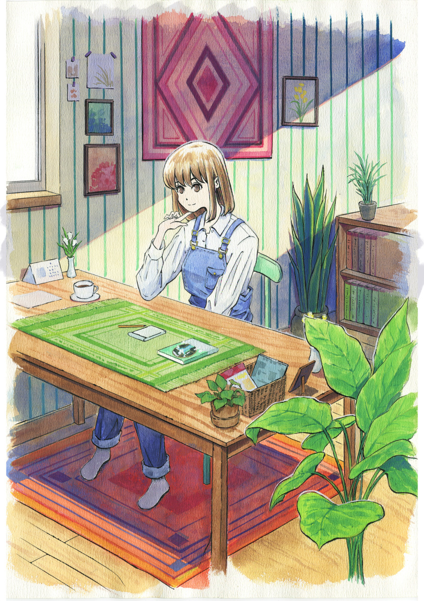1girl blue_overalls book bookshelf border brown_eyes brown_hair chair cup finger_to_own_chin highres no_shoes notebook on_chair original overalls painting_(object) pencil picture_(object) plant potted_plant sawitou_mizuki shirt short_hair sitting smile socks solo suspenders table traditional_media white_border white_socks wooden_table
