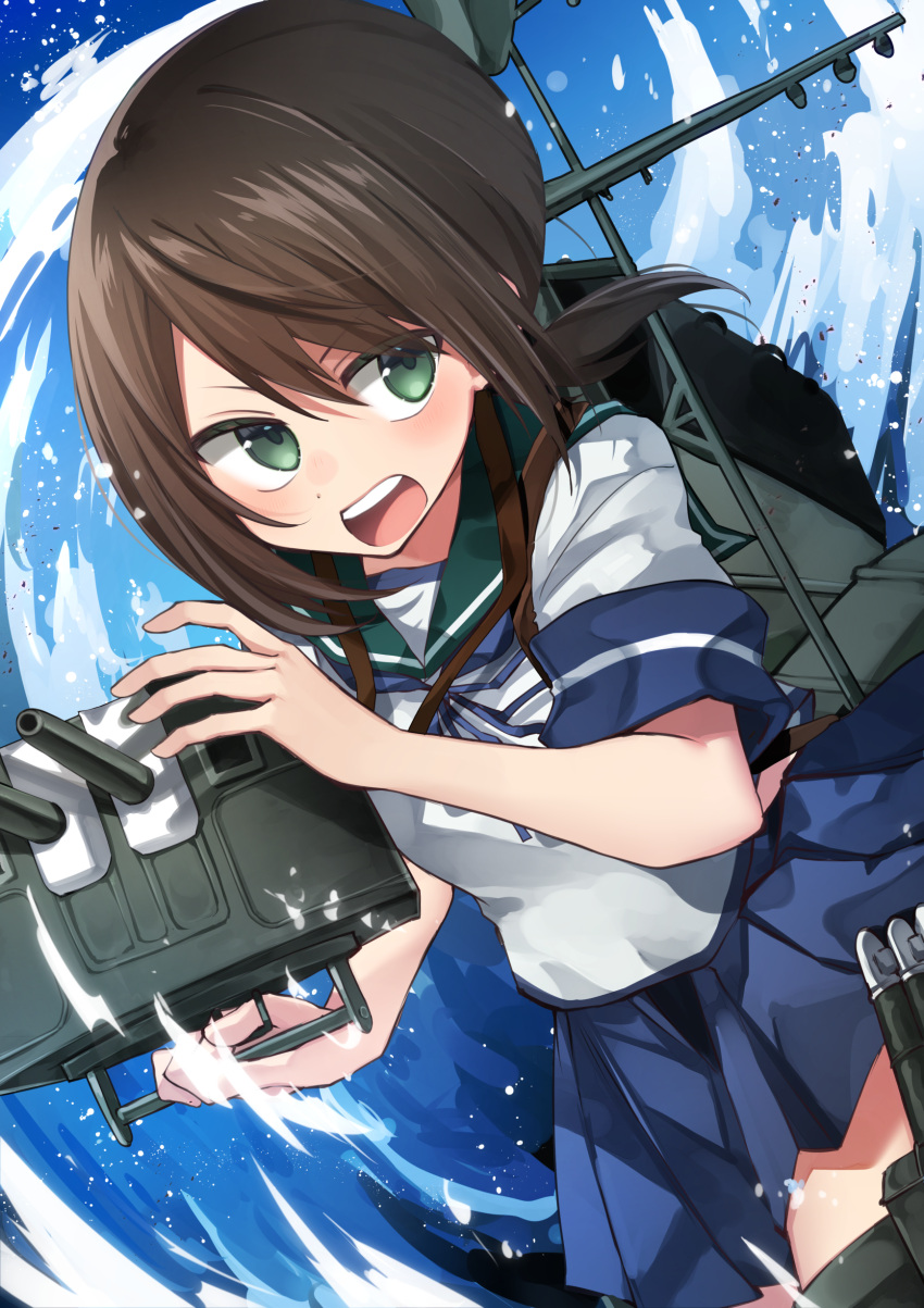 1girl absurdres adapted_turret black_hair blue_sailor_collar blue_skirt breasts cannon commentary_request cowboy_shot fubuki_(kancolle) highres kantai_collection katsuobushi_(eba_games) looking_at_viewer low_ponytail machinery medium_breasts open_mouth pleated_skirt ponytail sailor_collar school_uniform serafuku short_ponytail sidelocks skirt solo teeth torpedo_launcher turret upper_teeth_only water waves