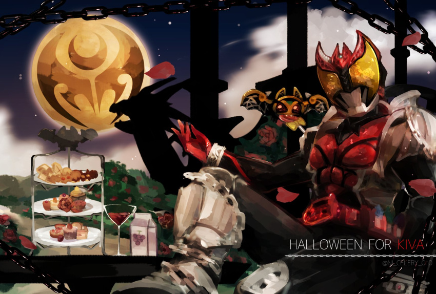 1boy armor black_bodysuit bodysuit candy castle_doran chain chainmail commentary cookie crossed_legs cup cupcake dragon drinking_glass english_commentary food full_moon gloves grape_juice halloween happy_halloween highres kamen_rider kamen_rider_kiva kamen_rider_kiva_(series) kivat-bat_iii lollipop mixed-language_commentary moon ni_celery_pk night night_sky plant red_armor red_eyes red_gloves rose_bush shadow sitting sky twitter_username wine_glass yellow_eyes