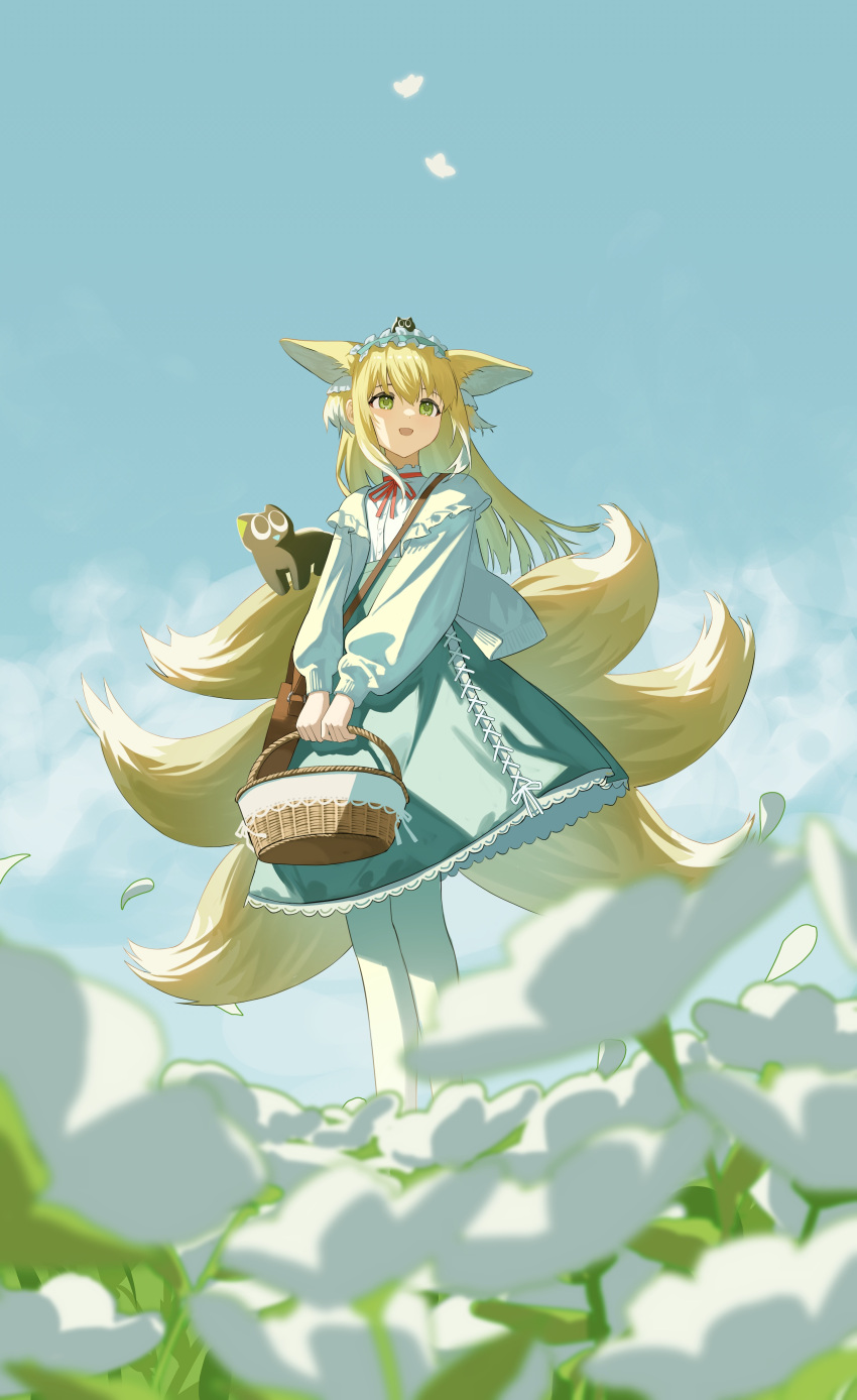 absurdres animal_ear_fluff animal_ears arknights bag basket black_cat blonde_hair blue_hairband blue_skirt brown_bag cardigan cat commentary crossover flower fox_ears fox_girl fox_tail frilled_hairband frills full_body green_eyes hair_ornament hair_scrunchie hairband heixiu high-waist_skirt highres holding holding_basket jun_(inrshun) kitsune kyuubi long_hair long_sleeves luoxiaohei multicolored_hair multiple_tails neck_ribbon official_alternate_costume on_head open_cardigan open_clothes open_mouth pantyhose puffy_long_sleeves puffy_sleeves red_ribbon ribbon scrunchie shirt shoulder_bag skirt sleeve_cuffs stitches suzuran_(arknights) suzuran_(spring_praise)_(arknights) tail the_legend_of_luo_xiaohei two-tone_hair white_flower white_hair white_pantyhose white_shirt yellow_cardigan