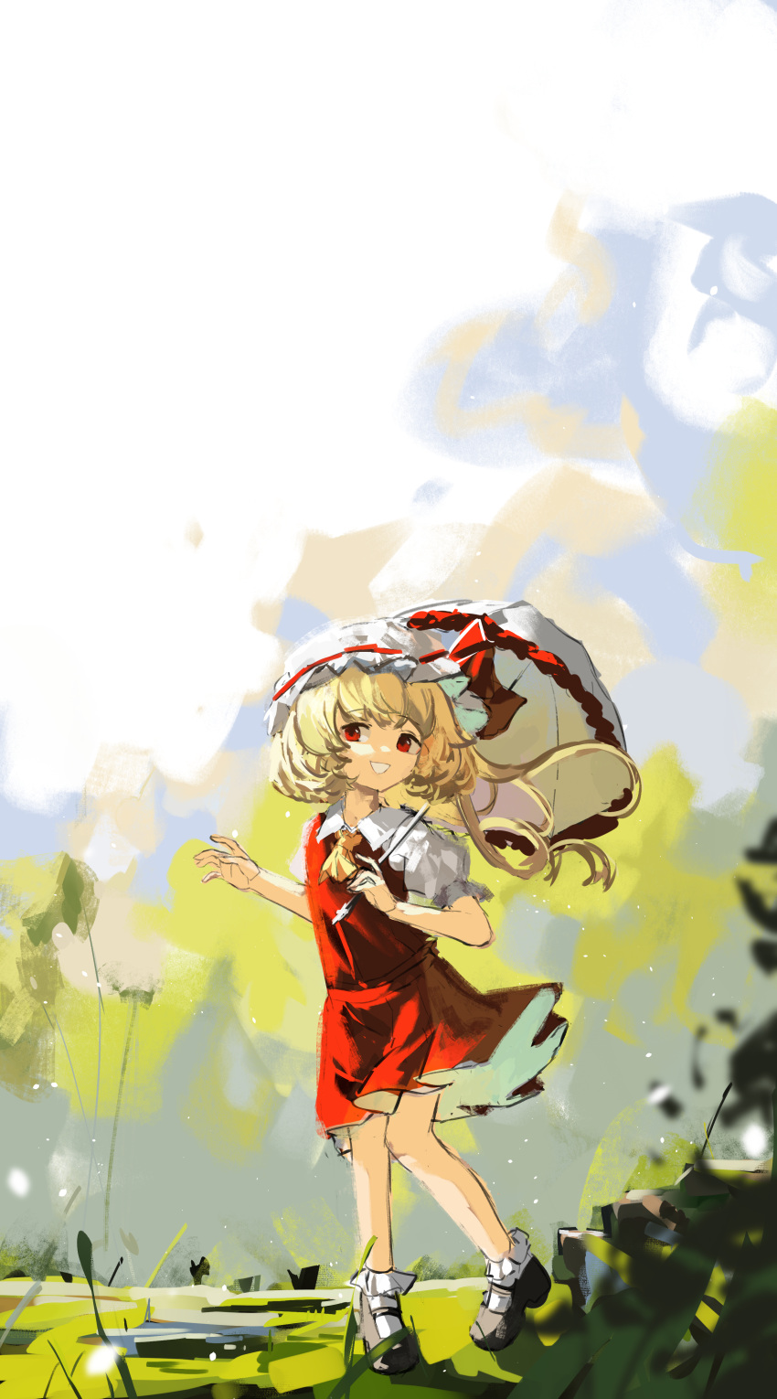 1girl :d absurdres ascot blonde_hair clynxen day flandre_scarlet full_body grin hat hat_ribbon highres holding holding_umbrella knees_together_feet_apart looking_at_viewer mob_cap outdoors overexposure pigeon-toed red_eyes ribbon short_sleeves skirt smile solo touhou umbrella vest wings