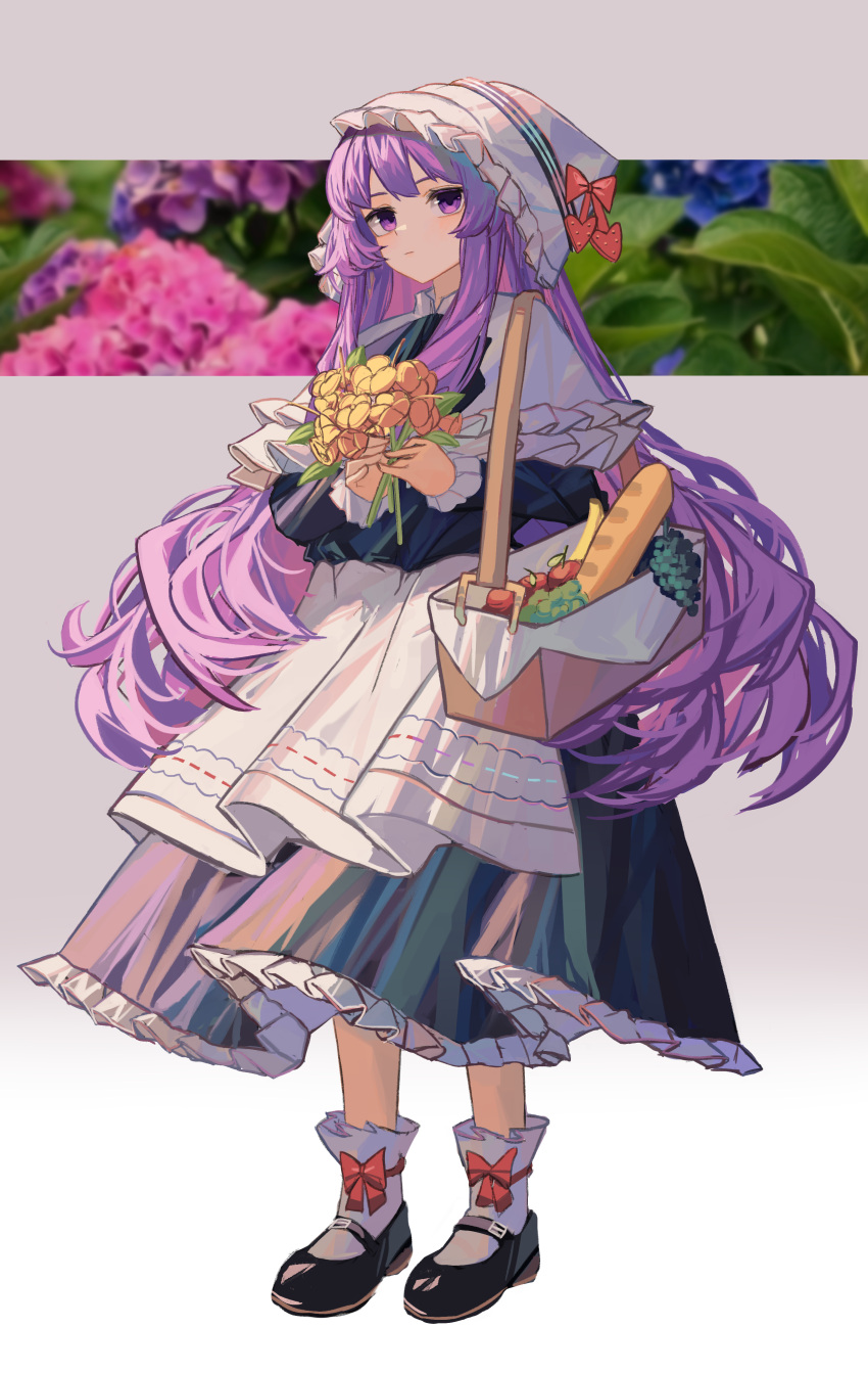 1girl absurdres alternate_costume apple black_footwear blue_flower bread closed_mouth clynxen flower food fruit full_body highres holding holding_flower hydrangea long_hair looking_at_viewer mary_janes patchouli_knowledge photo_background picnic_basket pink_flower purple_flower purple_hair red_apple shoes socks solo standing touhou very_long_hair violet_eyes white_headwear white_socks yellow_flower
