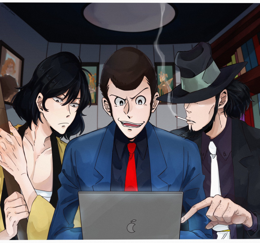 3boys arsene_lupin_iii beard black_hair blue_shirt brown_hair cigarette commentary_request covered_eyes facial_hair formal hat highres holding holding_sword holding_weapon indoors ishikawa_goemon_xiii jigen_daisuke lupin_iii male_focus multiple_boys necktie painting_(object) pointing red_necktie shirt shonan short_hair sideburns smile smoke smoking suit sword tablet_pc weapon
