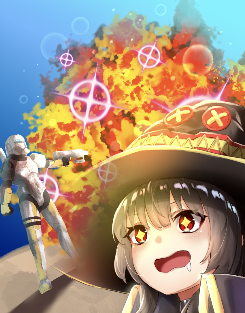 +_+ 1girl absurdres black_hair blue_background blunt_bangs blush close-up commentary_request commission crossover double-parted_bangs drooling excited explosion eyelashes gun hair_between_eyes hat highres holding holding_gun holding_weapon kono_subarashii_sekai_ni_shukufuku_wo! lens_flare looking_ahead m.tokotsu megumin mouth_drool open_mouth pixiv_commission red_eyes short_hair_with_long_locks sparkle standing star_wars stormtrooper wavy_mouth weapon witch_hat