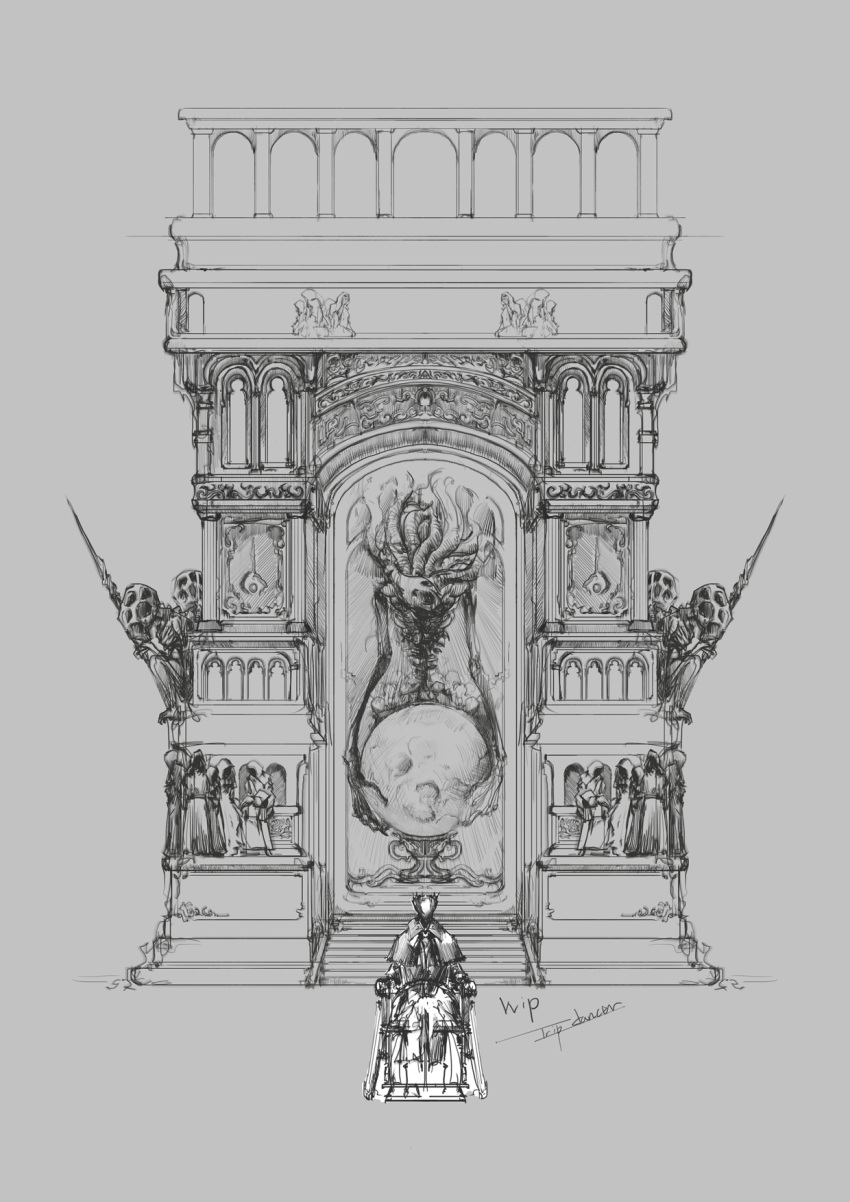 1other amygdala artist_name bloodborne chair coat facing_viewer greyscale hat highres hunter_(bloodborne) monochrome moon sitting solo statue tricorne tripdancer unfinished weapon