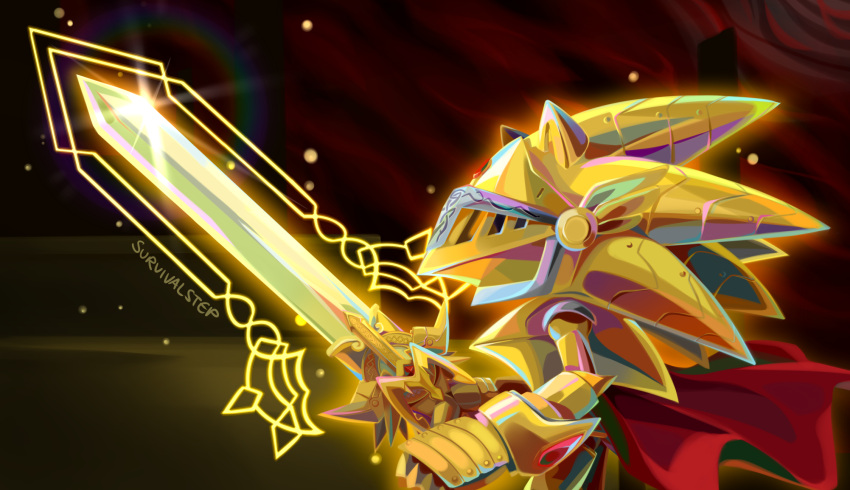 1boy animal_ears armor artist_name aura breastplate caliburn_(sonic) cape from_side gauntlets glowing_armor gold_armor hedgehog hedgehog_ears helm helmet highres holding holding_sword holding_weapon knight red_cape solo sonic_(series) sonic_and_the_black_knight sonic_the_hedgehog standing survivalstep sword upper_body weapon