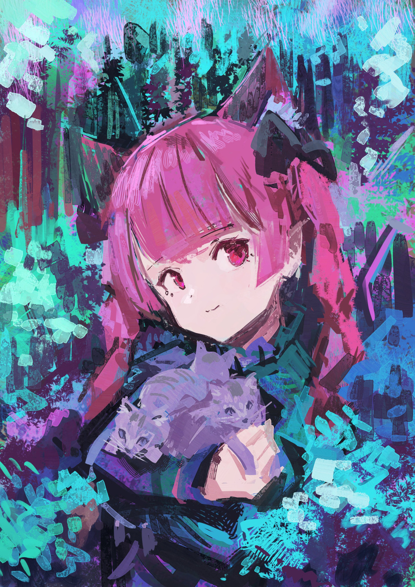 1girl absurdres animal animal_ears black_bow blunt_bangs bow braid cat cat_ears dress extra green_dress highres holding holding_animal holding_cat impressionism kaenbyou_rin kitten looking_at_viewer multiple_cats nepperoni pointy_ears red_eyes redhead smile tabby_cat touhou twin_braids whiskers