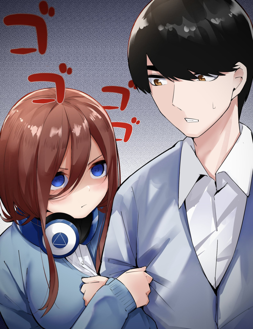 1boy 1girl angry arm_grab black_hair blue_eyes blue_sweater blush breasts brown_hair casual clenched_teeth closed_mouth collared_shirt commentary couple crazy_eyes empty_eyes expressionless eyebrows_hidden_by_hair go-toubun_no_hanayome grey_background hair_between_eyes hair_over_one_eye headphones headphones_around_neck hetero highres jealous large_breasts long_hair looking_at_another mame1645 menacing_(jojo) nakano_miku nose shaded_face shirt short_hair sidelocks simple_background sleeves_past_wrists sweatdrop sweater swept_bangs teeth uesugi_fuutarou upturned_eyes v-shaped_eyebrows white_shirt yandere yellow_eyes
