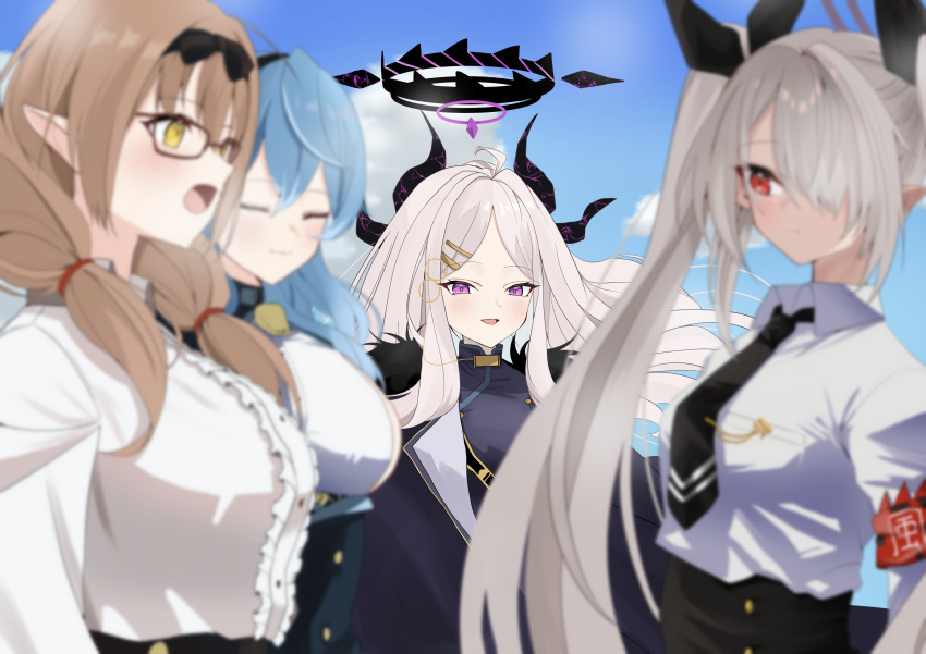4girls :d absurdres ahoge ako_(blue_archive) armband bell belt black_necktie blue_archive blue_hair blue_sky blurry breast_pocket breasts brown_hair chinatsu_(blue_archive) clouds cloudy_sky coat coat_on_shoulders commentary_request dark-skinned_female dark_skin demon_girl demon_horns depth_of_field forehead fur-trimmed_coat fur_trim grey_hair hair_between_eyes hair_ornament hair_over_one_eye hair_ribbon hairband hairclip highres hina_(blue_archive) horns iori_(blue_archive) looking_at_viewer low_twintails military military_uniform multiple_girls neck_bell necktie parted_bangs pocket pointy_ears ponytail red_eyes ribbon sam_browne_belt school_uniform shoulder_belt sideboob sidelocks sky smile somu_(user_vmry8728) twintails uniform violet_eyes white_hair yellow_eyes