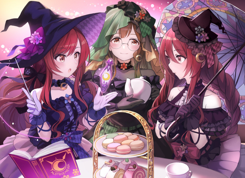 3girls alstroemeria_(idolmaster) black_dress black_gloves blue_dress blush book braid brown_eyes brown_hair cake choker closed_mouth collarbone crescent_choker cup dress food frilled_choker frilled_dress frills glasses gloves green_dress hair_between_eyes hair_ribbon hat hat_ribbon holding holding_teapot holding_umbrella holding_wand idolmaster idolmaster_shiny_colors kuwayama_chiyuki long_braid long_hair looking_at_viewer low_twintails macaron magic mini_hat mini_witch_hat multiple_girls official_alternate_costume official_alternate_hairstyle open_mouth osaki_amana osaki_tenka purple_gloves redhead ribbon siblings sisters smile swept_bangs swiss_roll table teacup teapot tuna_picture twin_braids twins twintails umbrella veil wand witch witch_hat yellow_eyes