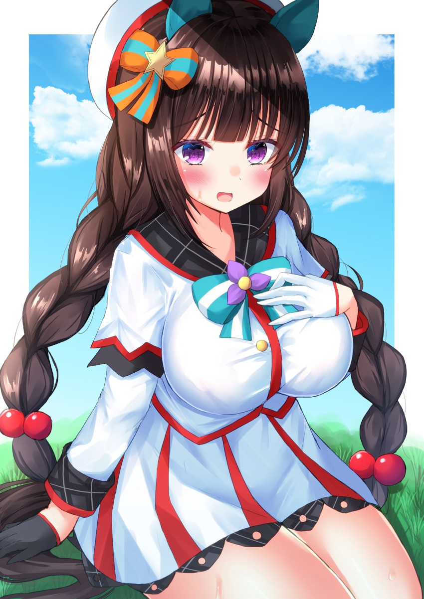 1girl animal_ears beret black_gloves black_hair blue_sky blush border braid breasts clouds commentary_request day feet_out_of_frame gloves grass hair_ribbon hand_on_own_chest hat highres hokko_tarumae_(umamusume) horse_ears horse_girl horse_tail large_breasts looking_at_viewer open_mouth ribbon shiinyan sitting sky solo sweat sweatdrop tail thighs twin_braids umamusume violet_eyes white_border white_gloves