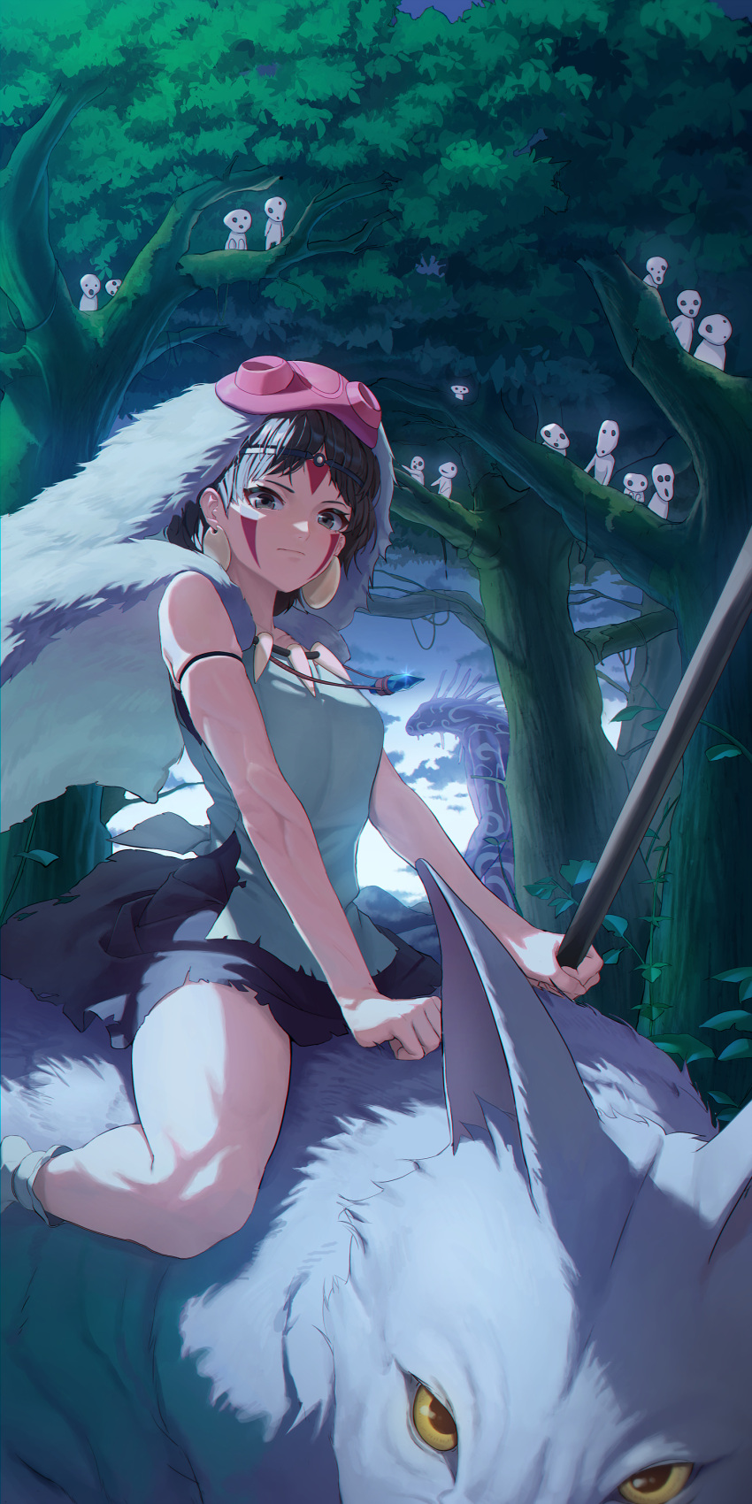 1girl absurdres animal animal_ear_fluff animal_ears bare_shoulders black_skirt blue_eyes blue_sky branch breasts brown_hair closed_mouth clouds cloudy_sky collarbone colored_sclera earrings facial_mark forehead_mark forest fur_trim gradient_sky guegue highres holding holding_weapon jewelry jigo_(mononoke_hime) leaf looking_at_viewer mask mask_on_head medium_breasts mononoke_hime moro_no_ichizoku nature necklace outdoors parted_bangs red_eyes red_mask san_(mononoke_hime) shirt short_hair sitting skirt sky sleeveless sleeveless_shirt socks sparkle spirit tree weapon white_fur white_shirt white_sky white_socks wolf wolf_ears yellow_sclera