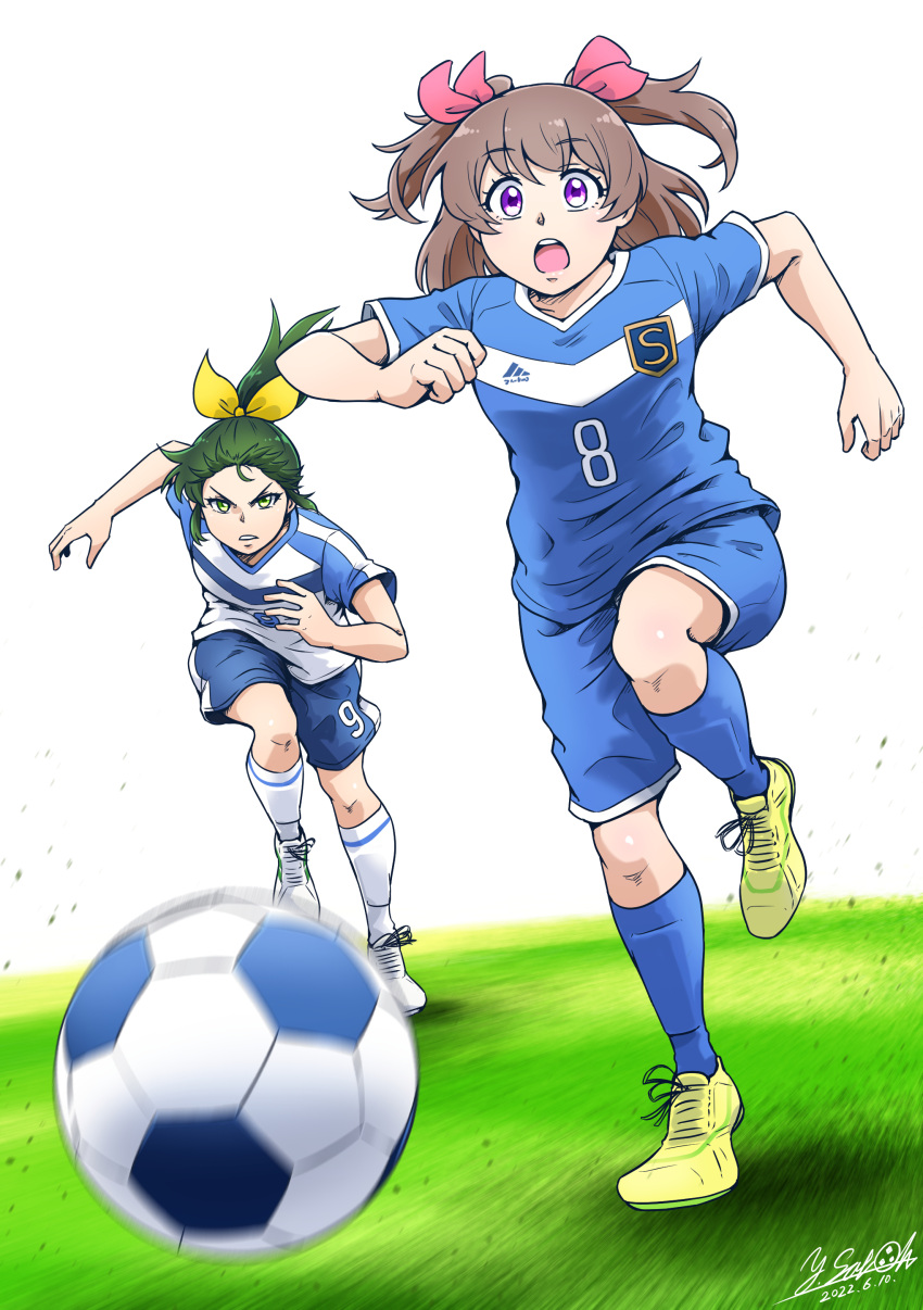 2girls absurdres artist_name ball blue_shirt blue_shorts blue_socks blurry blurry_foreground brown_hair cleats commentary dated day delicious_party_precure depth_of_field frown grass green_eyes green_hair hair_ribbon highres long_hair looking_at_another looking_at_viewer medium_hair midorikawa_nao multiple_girls nagomi_yui open_mouth outdoors parted_lips pink_ribbon ponytail precure ribbon running satou_yasu series_connection shin_guards shirt short_sleeves shorts signature smile_precure! soccer soccer_ball soccer_uniform socks sportswear standing two_side_up v-shaped_eyebrows violet_eyes white_footwear white_shirt yellow_footwear yellow_ribbon