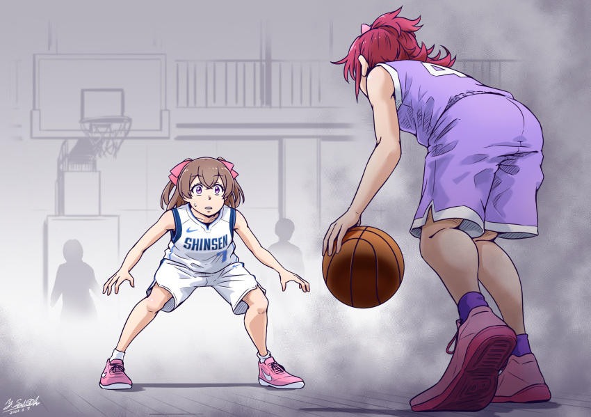 2girls aida_mana artist_name ball basketball basketball_court basketball_hoop basketball_jersey basketball_uniform brown_hair commentary dated delicious_party_precure dokidoki!_precure hair_ribbon heel_up highres holding holding_ball leaning_forward looking_at_another multiple_girls nagomi_yui one_side_up parted_lips pink_footwear pink_ribbon precure purple_shirt purple_shorts purple_socks redhead ribbon satou_yasu series_connection shadow shirt shoes shorts signature sleeveless sleeveless_shirt sneakers socks sportswear squatting standing sweatdrop two_side_up violet_eyes white_shirt white_shorts white_socks