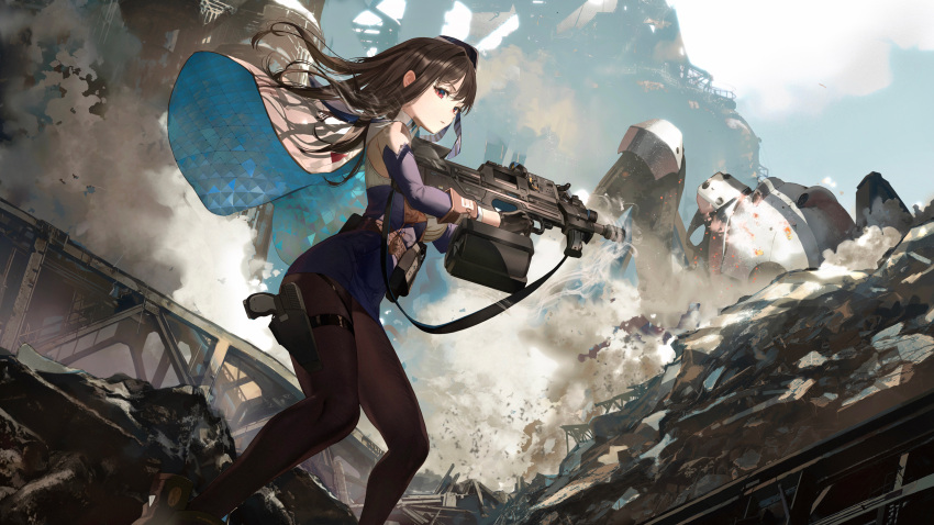 1girl belt black_pantyhose breasts brown_hair detached_sleeves floating_hair goddess_of_victory:_nikke hand_in_own_hair hat highres holding holding_weapon holster jacket large_breasts long_hair marian_(nikke) military military_hat military_uniform necktie pantyhose pouch ruins salmon88 scenery sleeveless solo thigh_holster uniform violet_eyes weapon white_jacket