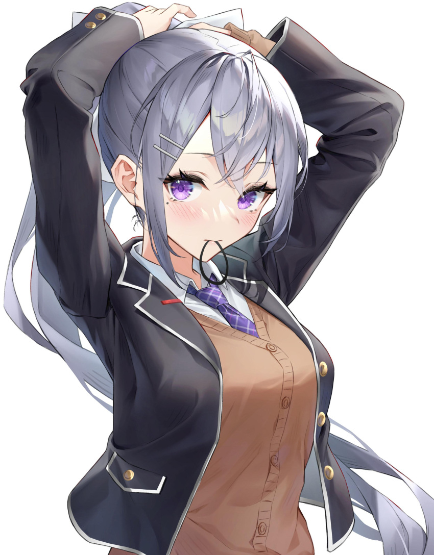 1girl absurdres arms_behind_head black_jacket blazer bow brown_cardigan cardigan cardigan_vest grey_hair hair_bow hair_ornament hair_tie_in_mouth hairclip highres higuchi_kaede jacket light_blush long_hair looking_at_viewer mole mole_under_eye mouth_hold myske_(myst34415756) nijisanji open_clothes open_jacket ponytail solo tying_hair upper_body violet_eyes virtual_youtuber white_background white_bow