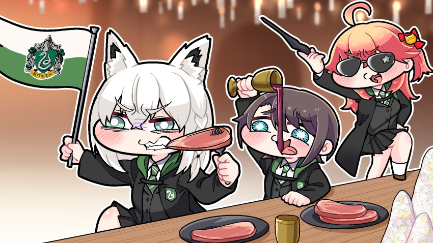 3girls ahoge animal_ears black_hair black_robe blue_eyes braid chalice chewing clenched_teeth commentary_request diagonal-striped_necktie drinking eating flag fork fox_ears fox_girl green_necktie highres hogwarts_legacy hogwarts_school_uniform holding holding_flag holding_fork holding_wand hololive komainu_channel miniskirt multiple_girls necktie one_side_up oozora_subaru pink_hair plate pleated_skirt robe sakura_miko school_uniform shirakami_fubuki short_hair side_braid skirt slytherin sunglasses teeth tongue tongue_out virtual_youtuber wall-eyed wand white_background wizarding_world