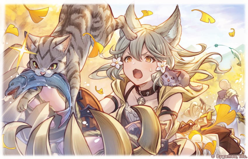 1girl 2boys animal animal_collar animal_ears brown_eyes cat claw_(weapon) clouds collar dante_(granblue_fantasy) day erune fangs fish flower food granblue_fantasy grey_hair hair_flower hair_ornament harvin highres hood hood_down long_hair minaba_hideo multiple_boys official_art open_mouth orange_eyes outdoors sen_(granblue_fantasy) sky weapon white_flower yodarha_(granblue_fantasy) young_cat_(granblue_fantasy)