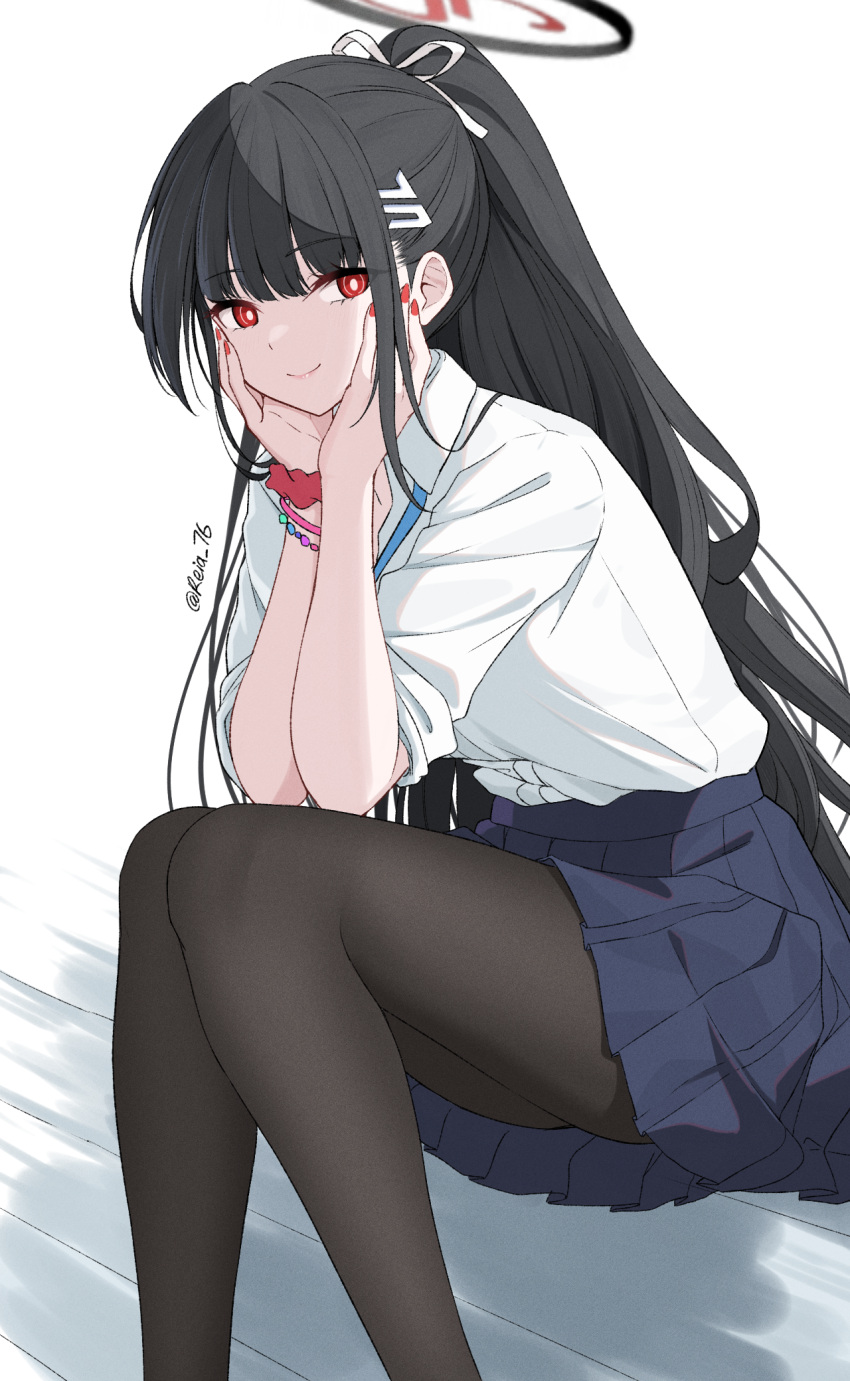 1girl black_hair blue_archive blue_skirt headband highres looking_at_viewer ponytail red_eyes red_nails reia_76 rio_(blue_archive) school_uniform shirt skirt smile solo white_background white_shirt