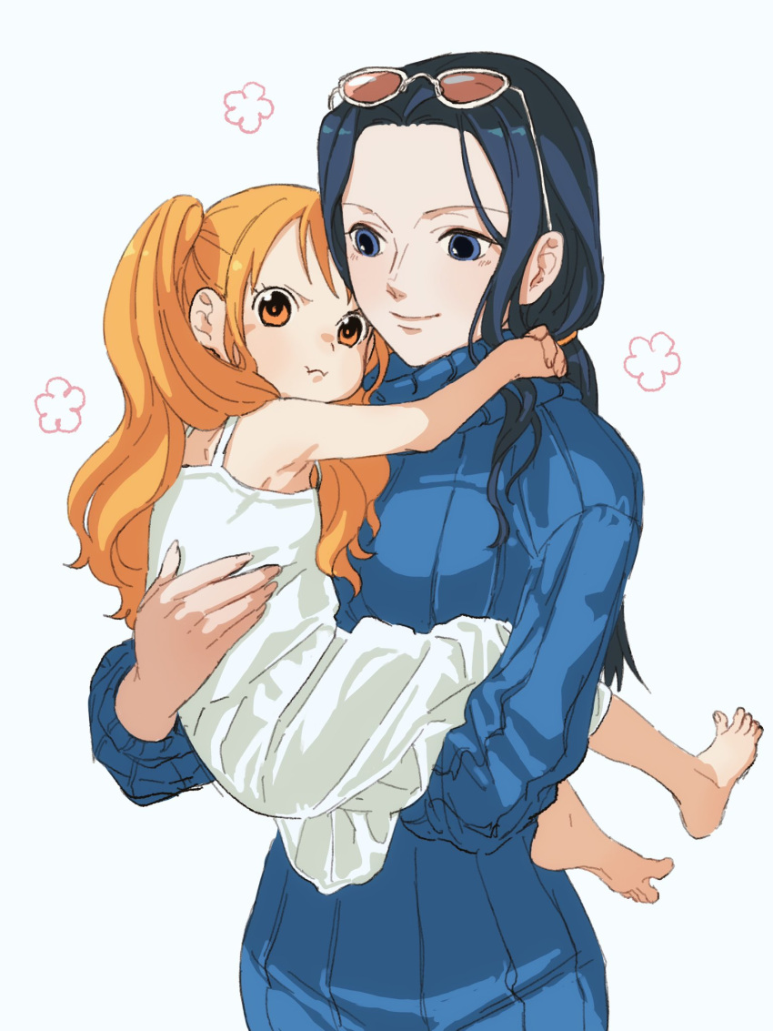 2girls :i aged_down angry arms_around_neck bare_shoulders barefoot black_hair blue_eyes blue_sweater carrying carrying_person dress eyewear_on_head female_child flower highres long_hair long_sleeves looking_at_another looking_at_viewer multiple_girls nami_(one_piece) nico_robin one_piece one_piece_film:_z orange_eyes orange_hair parted_bangs pout ribbed_sweater simple_background smile sweater swept_bangs turtleneck turtleneck_sweater twintails urasanmyaku white_dress