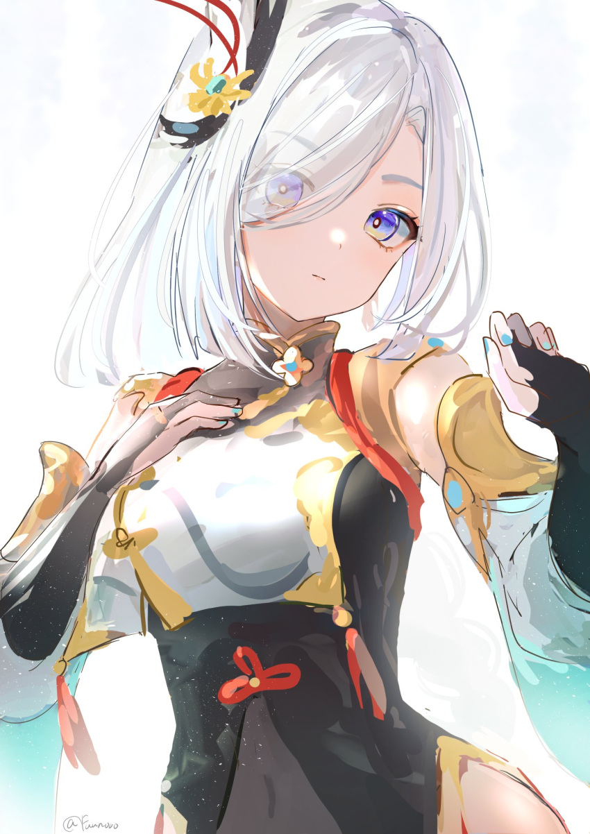 1girl blue_eyes bodysuit breasts chinese_clothes fujito_(call_f_) genshin_impact gold_trim hair_over_one_eye highres hip_vent looking_at_viewer shenhe_(genshin_impact) simple_background solo white_background white_hair