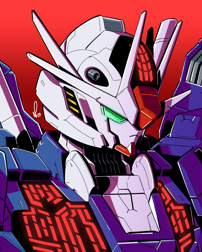absurdres alex_(apdoodles) green_eyes gundam gundam_aerial gundam_aerial_rebuild gundam_suisei_no_majo highres mecha mobile_suit no_humans portrait red_background robot science_fiction signature solo upper_body v-fin