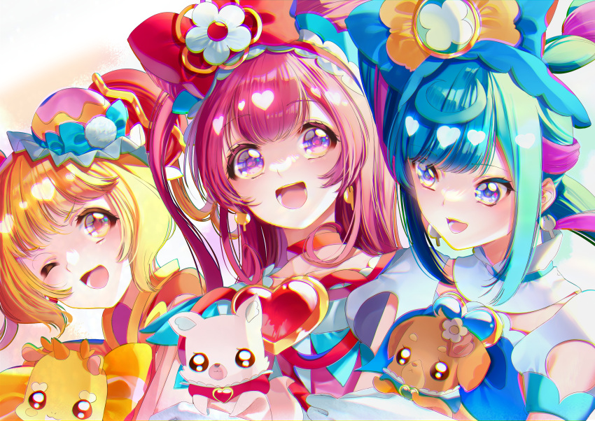 3girls :d ;d absurdres animal blonde_hair blue_bow blue_dress blue_eyes blue_hair bow brooch bun_cover chinese_clothes choker clothing_cutout commentary cone_hair_bun cure_precious cure_spicy cure_yum-yum delicious_party_precure dog double_bun dragon dress earrings fox frilled_hairband frills fuwa_kokone gloves hair_bow hair_bun hairband hanamichi_ran heart_brooch highres holding holding_animal jewelry kome-kome_(precure) long_hair looking_at_viewer mem-mem_(precure) multicolored_hair multiple_girls nagomi_yui one_eye_closed open_mouth orange_dress pam-pam_(precure)_(human) pink_dress pink_hair precure red_bow red_choker red_eyes short_hair shoulder_cutout side_ponytail smile standing triple_bun two-tone_hair two_side_up violet_eyes white_gloves yuutarou_(fukiiincho)