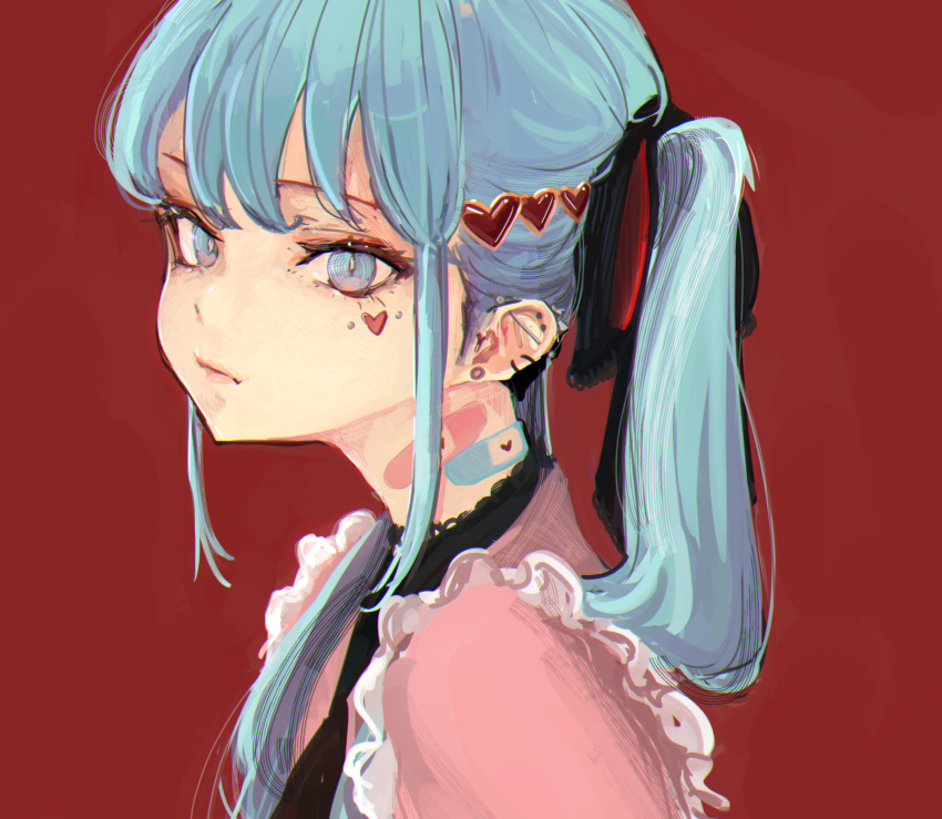 1girl aqua_eyes aqua_hair bandaid bandaid_on_neck closed_mouth ear_piercing earrings facial_mark from_side hair_ornament hatsune_miku heart heart_facial_mark heart_hair_ornament higemu highres jewelry long_hair looking_at_viewer piercing pink_shirt red_background shirt solo twintails upper_body vampire_(vocaloid) vocaloid