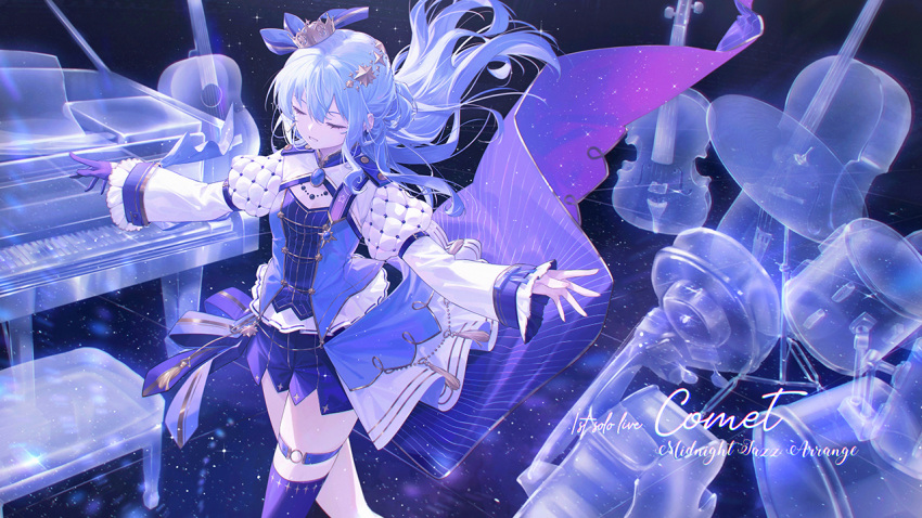 1girl blue_hair bow chair closed_eyes commentary crown drum drum_set english_commentary gloves guitar hair_bow hair_ornament hololive hoshimachi_suisei idol_clothes instrument jewelry juliet_sleeves leg_belt long_hair long_sleeves mini_crown mixed-language_commentary necklace official_alternate_hair_length official_alternate_hairstyle parted_lips piano puffy_sleeves shorts single_glove sky solo star_(sky) star_(symbol) star_hair_ornament starry_sky starry_sky_print virtual_youtuber waistcoat whitem_(whiteemperor2020)