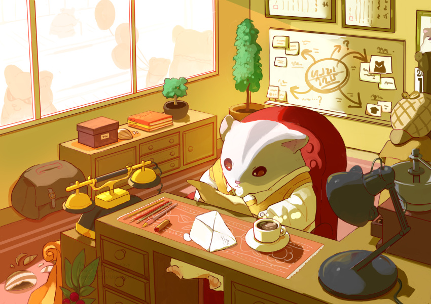 absurdres animal animal_focus clothed_animal collared_shirt corded_phone desk desk_lamp drawer hamster hat highres holding holding_paper lamp no_humans original paper phone plant potted_plant rotary_phone shirt sweater_vest uroko_(rwde4544) white_shirt