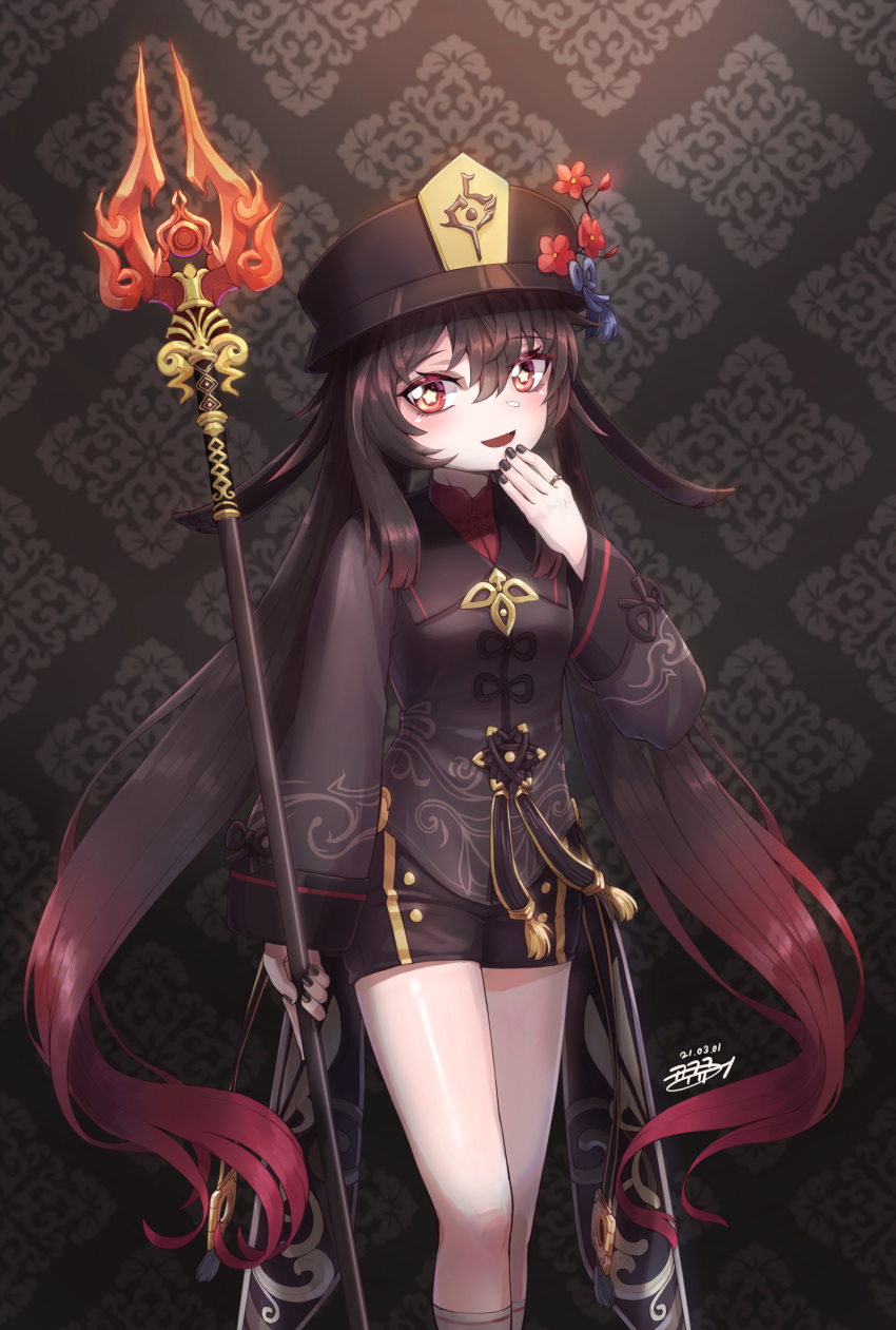 1girl :d absurdres black_hair black_nails black_shorts chinese_clothes commentary_request flower genshin_impact gradient_hair hair_between_eyes hat hat_flower hat_ornament highres holding holding_polearm holding_weapon hu_tao_(genshin_impact) jewelry kokukyukeo long_hair long_sleeves looking_at_viewer multicolored_hair nail_polish polearm porkpie_hat red_eyes ring short_shorts shorts sidelocks simple_background smile solo staff_of_homa_(genshin_impact) symbol-shaped_pupils twintails two-tone_hair weapon wide_sleeves