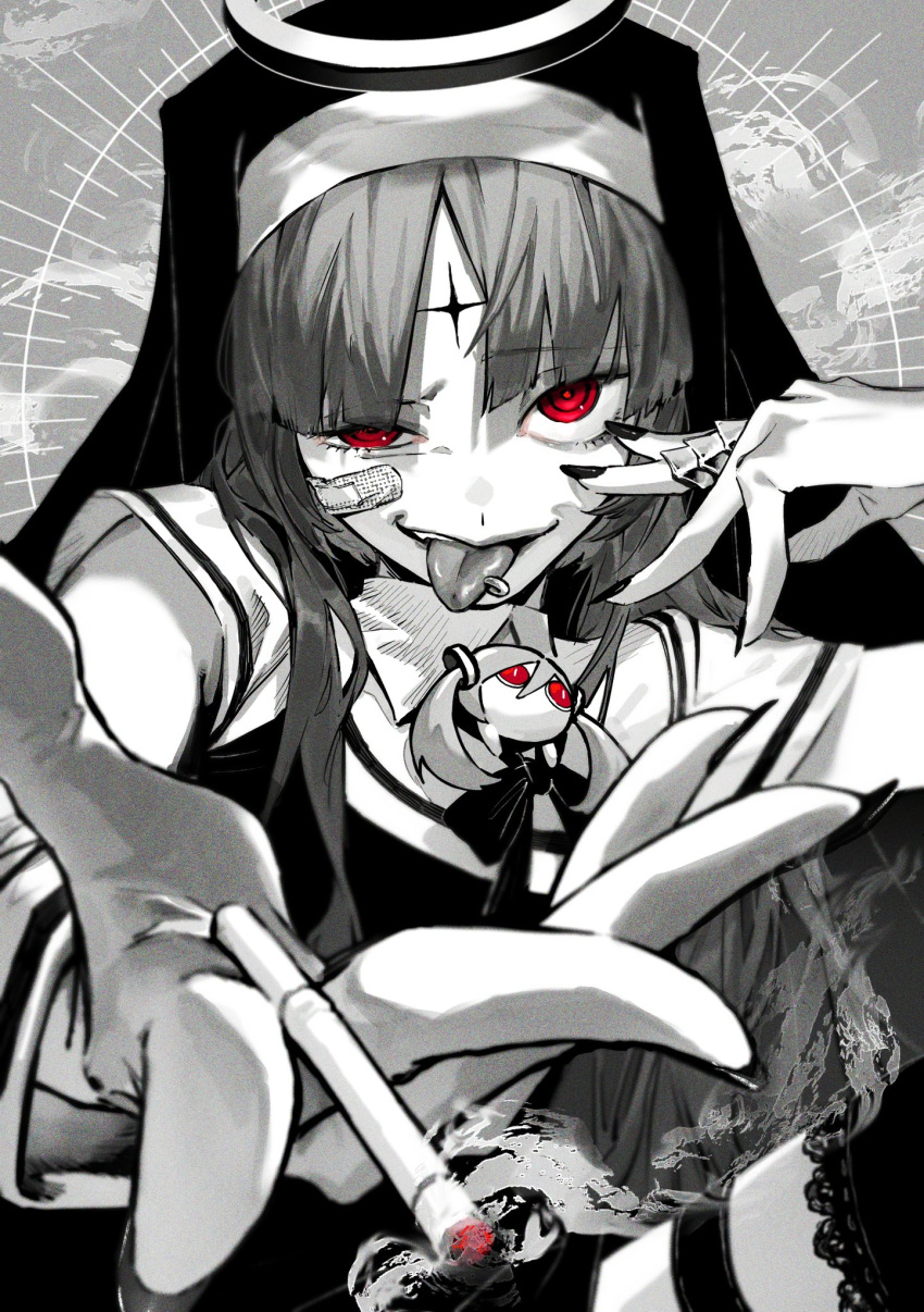 1girl 1other aimaina bandaid bandaid_on_face between_fingers blunt_bangs capelet cigarette claw_ring commentary_request dress facial_mark fingers_to_cheek forehead_mark foreshortening greyscale habit halo hand_up hatsune_miku highres holding holding_cigarette kamippoina_(vocaloid) lace-trimmed_thighhighs long_hair looking_at_viewer momo_jiru monochrome nail_polish neck_ribbon nun outstretched_hand parted_bangs piercing red_eyes ribbon ringed_eyes sanpaku sleeveless sleeveless_dress smirk smoke smoke_trail spot_color thigh_strap tongue tongue_out tongue_piercing uneven_eyes vocaloid wrist_cuffs