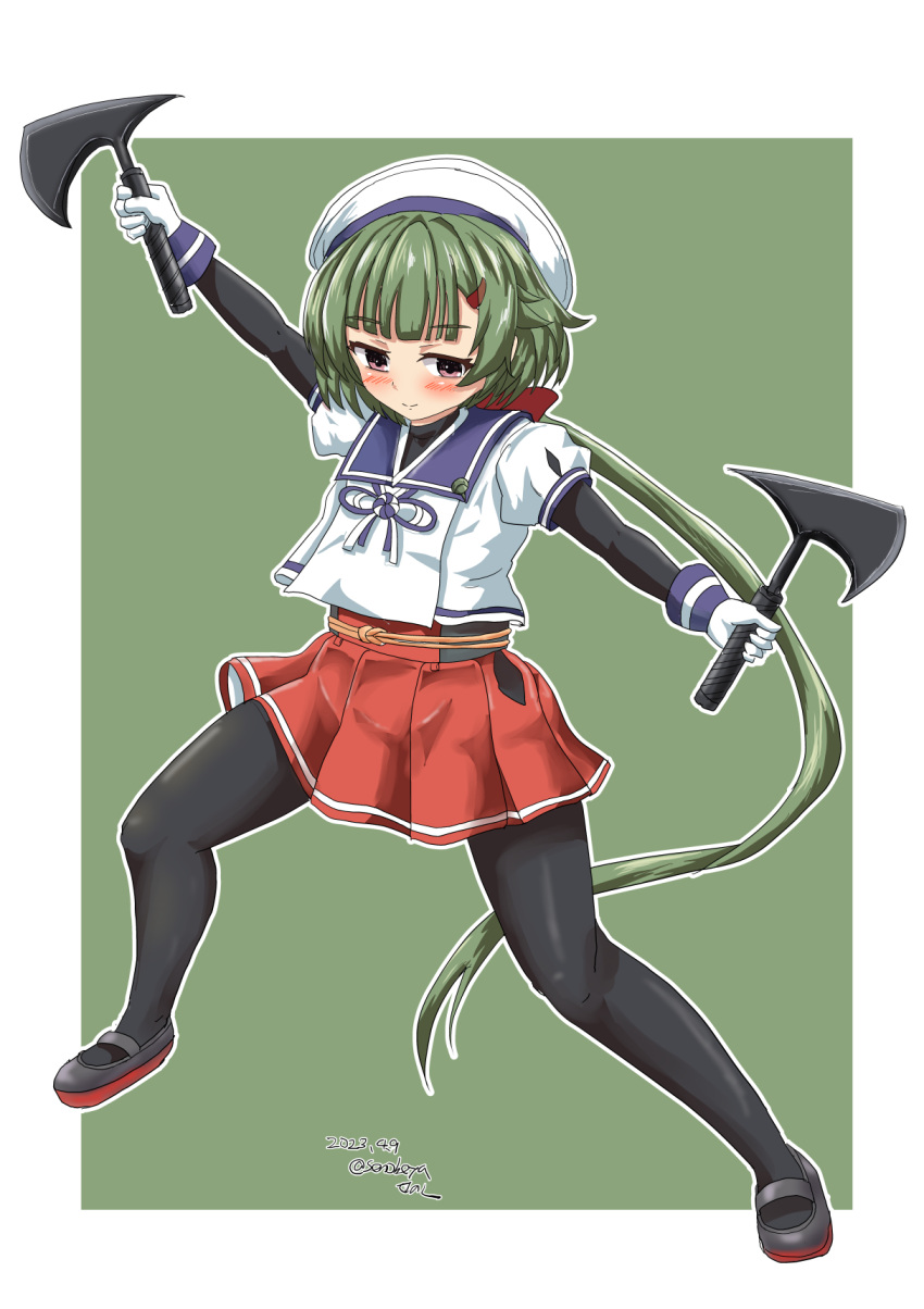 1girl axe black_pantyhose black_shirt blue_sailor_collar dual_wielding full_body gloves green_hair hat highres hip_vent holding kantai_collection long_hair low_ponytail noumi_(kancolle) one-hour_drawing_challenge pantyhose pleated_skirt red_skirt sailor_collar sailor_hat senon shirt skirt solo tomahawk undershirt violet_eyes white_gloves white_headwear white_shirt