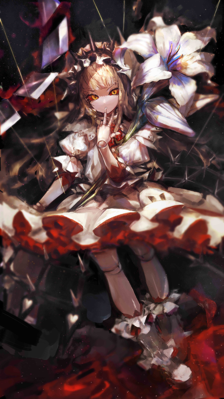 1girl absurdres broken broken_weapon dress duel_masters finger_to_mouth flower gothic_lolita highres jeny_(duema) lily_(flower) lolita_fashion red_eyes sumi_(dm) tiara weapon white_dress