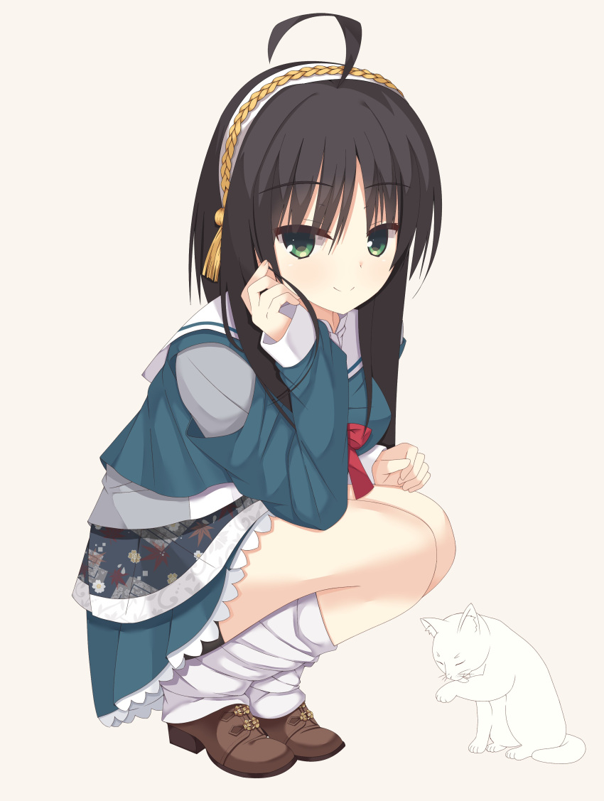 1girl absurdres ahoge black_hair black_shorts blue_jacket blue_skirt boots brown_footwear cat closed_mouth commentary eyes_visible_through_hair frilled_skirt frills full_body green_eyes hair_between_eyes hair_ornament hairband highres hitachi_mako jacket kaon_zz looking_at_viewer loose_socks miniskirt parted_lips playing_with_own_hair pleated_skirt red_ribbon ribbon sailor_collar school_uniform senren_banka short_hair_with_long_locks shorts simple_background skirt sleeves_past_wrists smile socks solo squatting tassel tassel_hair_ornament white_background white_hairband white_sailor_collar white_socks