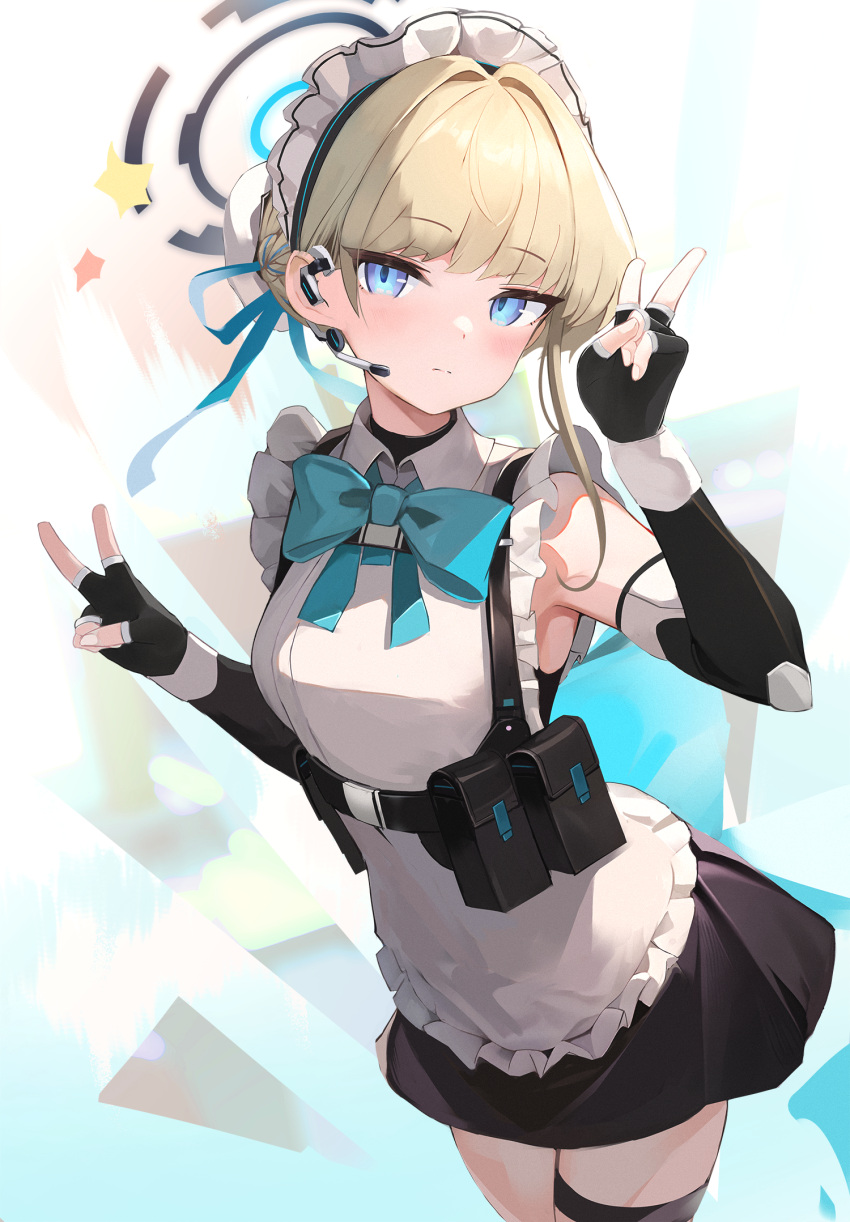 1girl apron aqua_bow aqua_bowtie armpit_peek black_gloves black_skirt blonde_hair blue_archive blue_eyes bow bowtie breasts closed_mouth collared_apron cowboy_shot darudana double_v elbow_gloves expressionless fanny_pack fingerless_gloves frilled_apron frills gloves highres looking_at_viewer maid maid_apron maid_headdress medium_breasts multicolored_background short_hair single_sidelock skirt solo standing star_(symbol) toki_(blue_archive) v white_apron