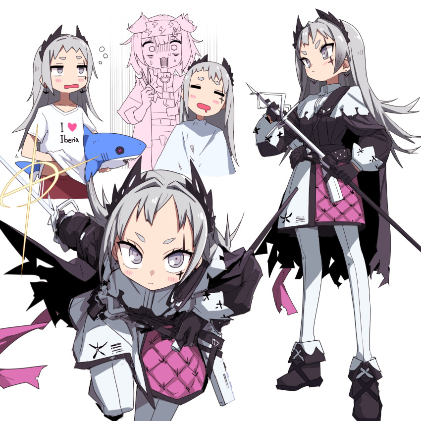 2girls animal_ears arknights black_footwear black_gloves boots cat_ears cat_girl closed_eyes clothes_writing cutting_hair drooling earrings gloves goldenglow_(arknights) grey_eyes grey_hair headband highres holding holding_weapon irene_(arknights) jewelry long_hair long_sleeves looking_at_viewer mouth_drool multiple_girls multiple_views open_mouth pantyhose scar scar_across_eye shirt simple_background standing t-shirt weapon white_background yachima_tana