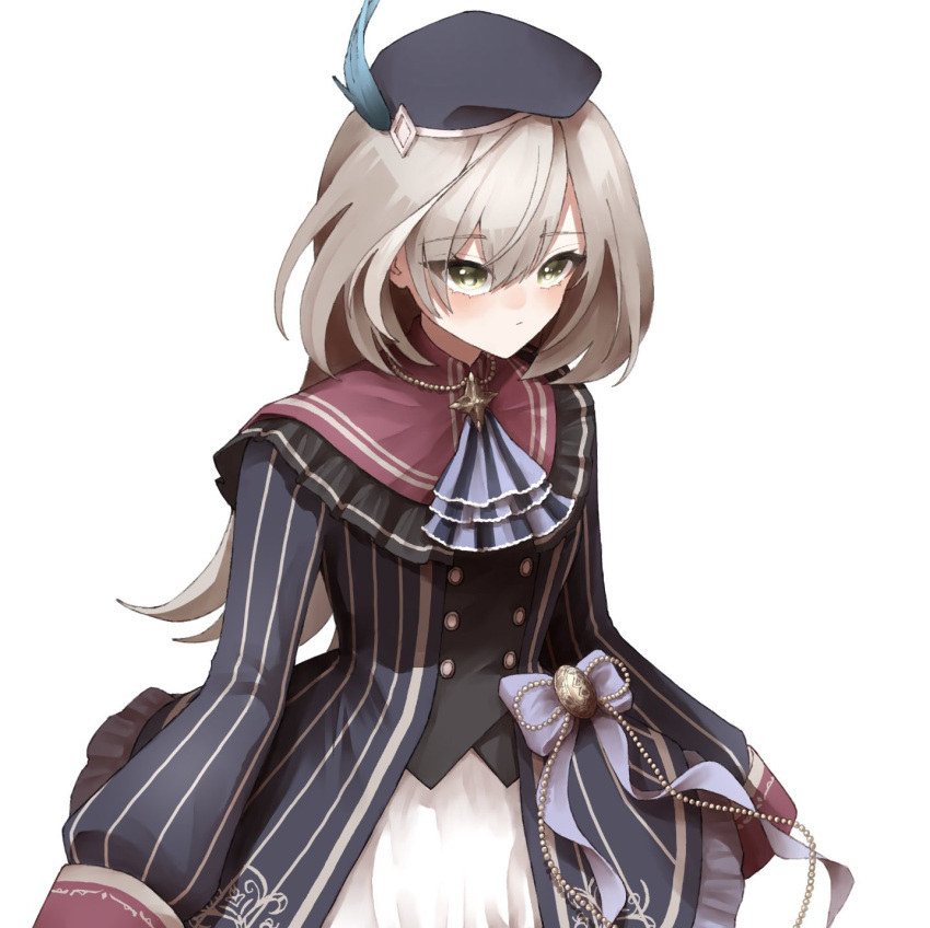 1girl amahara_nue arms_at_sides ascot assault_lily beret black_headwear black_jacket black_vest blue_ascot blue_bow blue_feathers blush bow buttons closed_mouth commentary cowboy_shot feathers frilled_skirt frills grey_hair hair_between_eyes hat hat_feather highres jacket long_hair long_sleeves looking_away multicolored_hair official_alternate_costume open_clothes open_jacket sasaki_ran shirt simple_background skirt sleeves_past_fingers sleeves_past_wrists solo standing streaked_hair striped striped_ascot striped_jacket vertical-striped_jacket vertical_stripes vest white_background white_shirt yellow_eyes