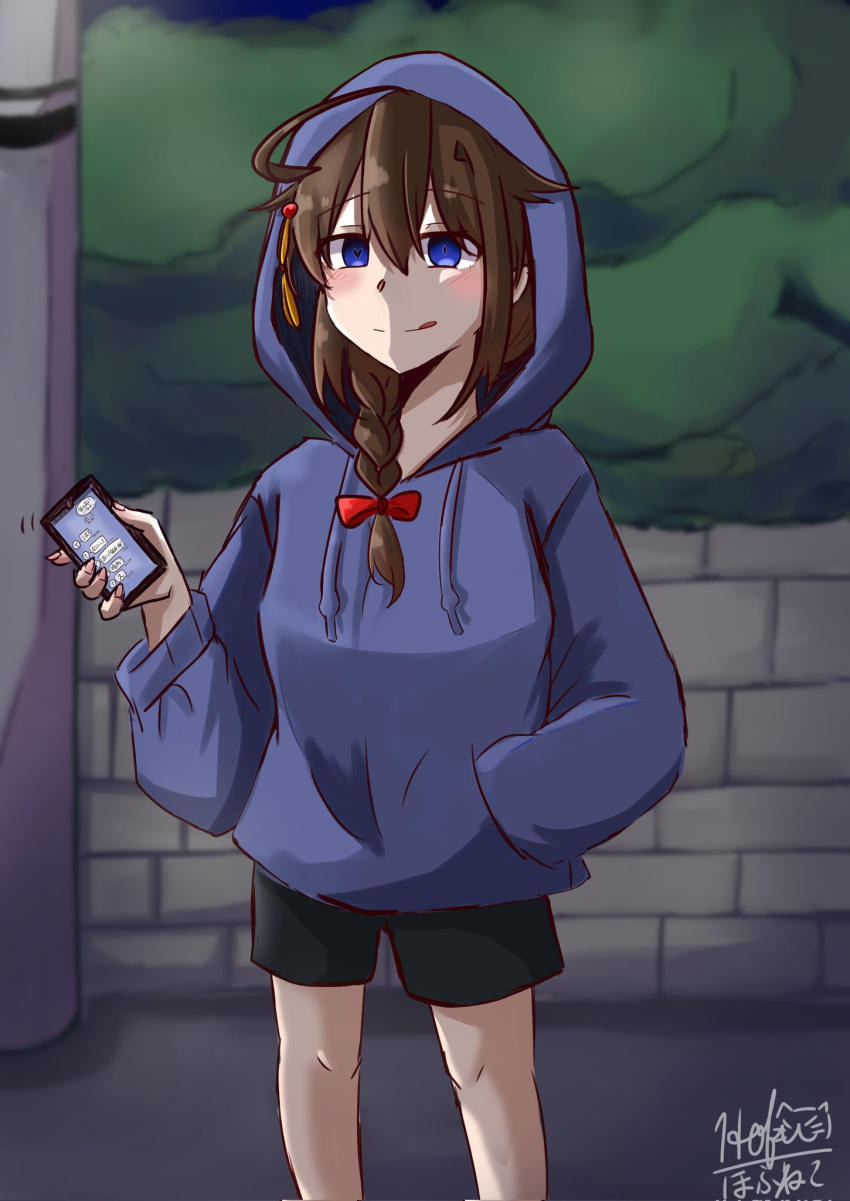 1girl ahoge alternate_costume black_shorts blue_eyes blue_sweater brick_wall brown_hair cellphone commentary_request feet_out_of_frame hair_over_shoulder hand_in_pocket highres hofuneko hood hooded_sweater hoodie kantai_collection long_hair phone shigure_(kancolle) shigure_kai_san_(kancolle) shorts signature smartphone solo sweater tongue tongue_out utility_pole